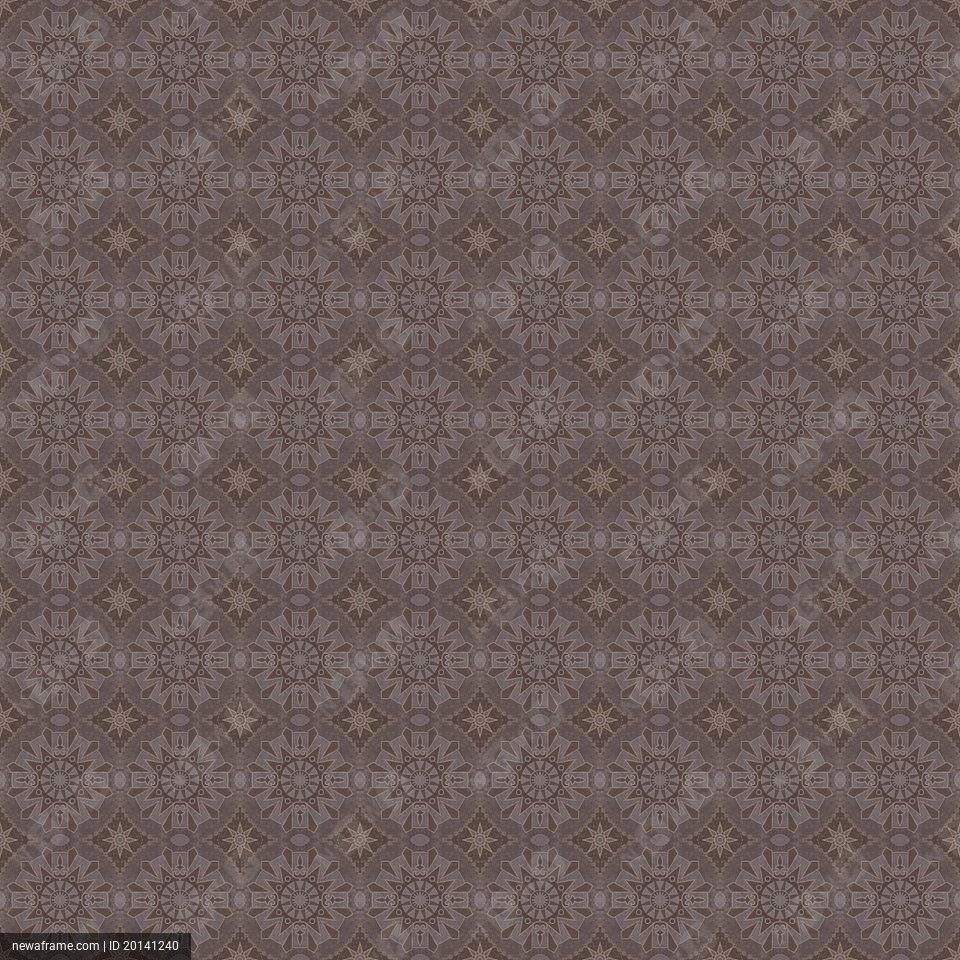 A seamless pattern features intricate geometric shapes and floral motifs in muted brown tones.