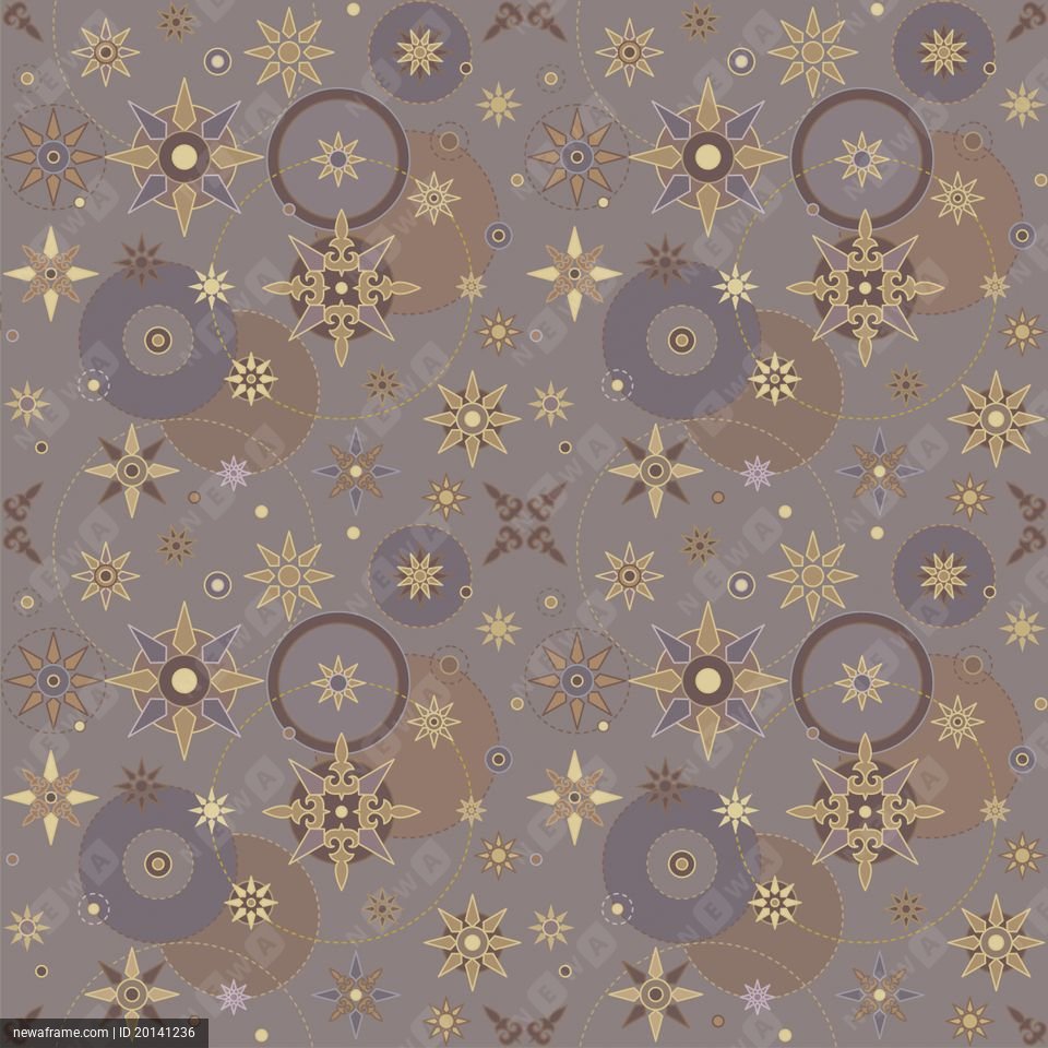 A seamless pattern features geometric stars, circles, and swirls in gold, brown, and purple tones against a muted background.
