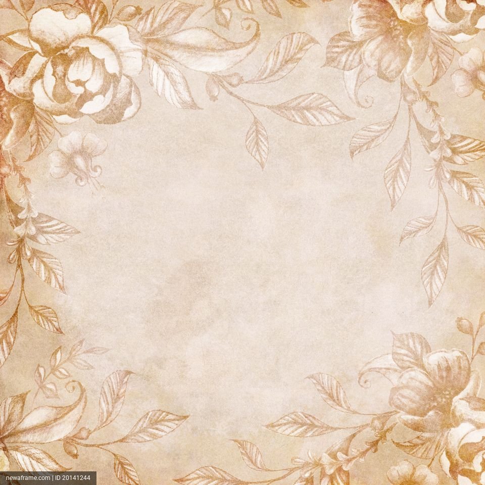 An elegant floral border frames a vintage paper background with soft beige tones and delicate gold accents.