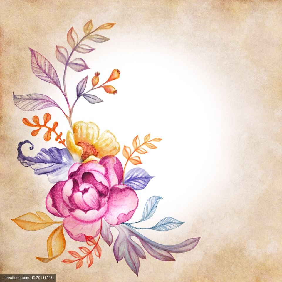 A vibrant watercolor floral arrangement features pink peonies, yellow flowers, and purple leaves on a textured beige background.