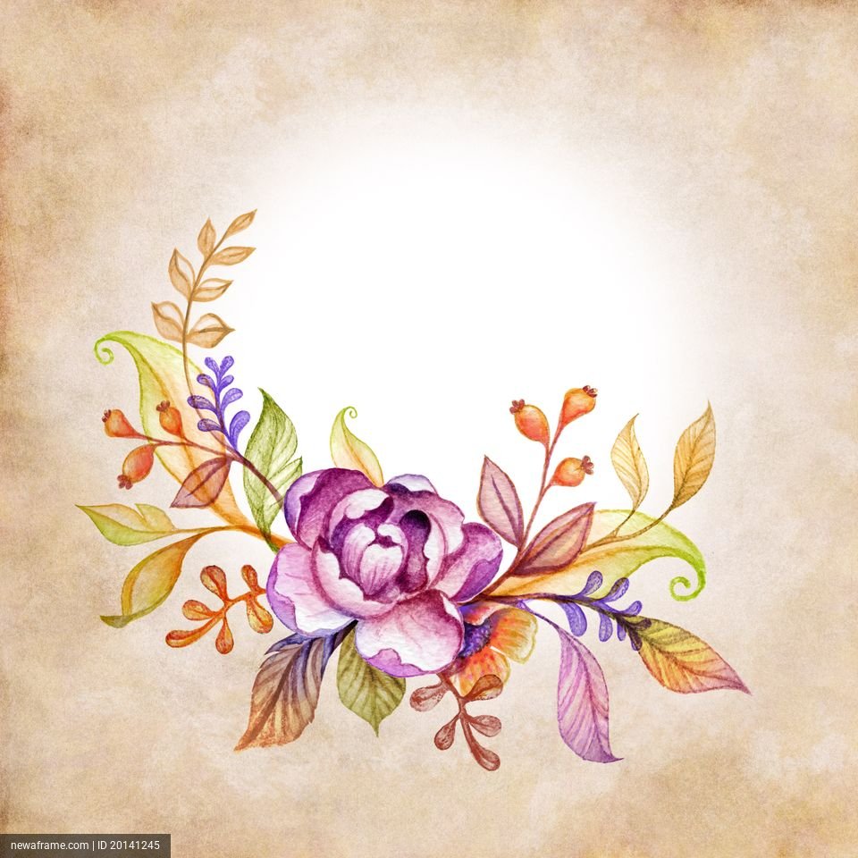 A watercolor illustration features a vibrant purple flower surrounded by colorful leaves and berries on a textured, vintage paper background.