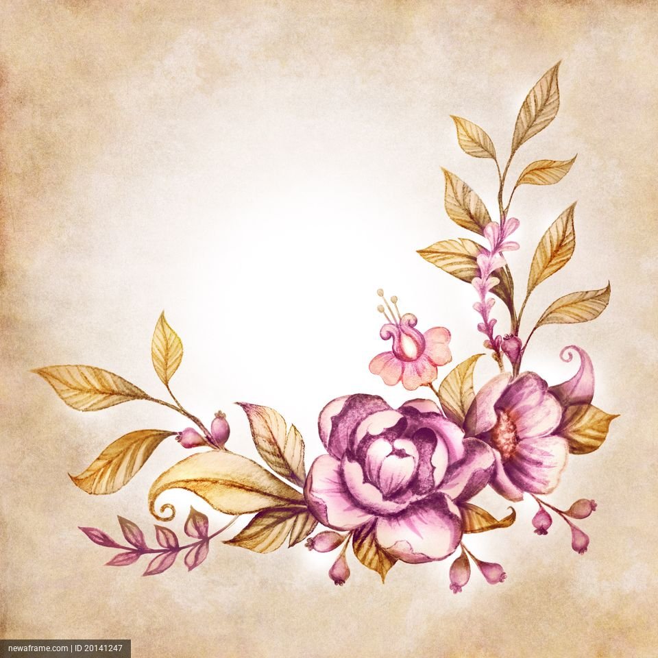 Delicate watercolor flowers bloom in soft pinks and purples against a vintage parchment background.