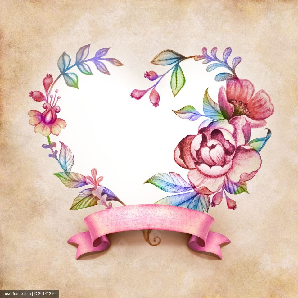 A watercolor heart frame features colorful flowers, leaves, and a pink ribbon banner on a textured beige background.