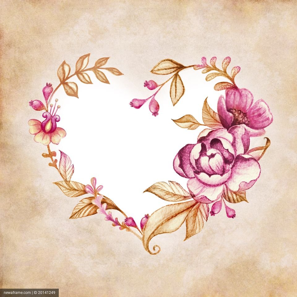 A watercolor heart frame features pink flowers, green leaves, and gold accents on a textured beige background.