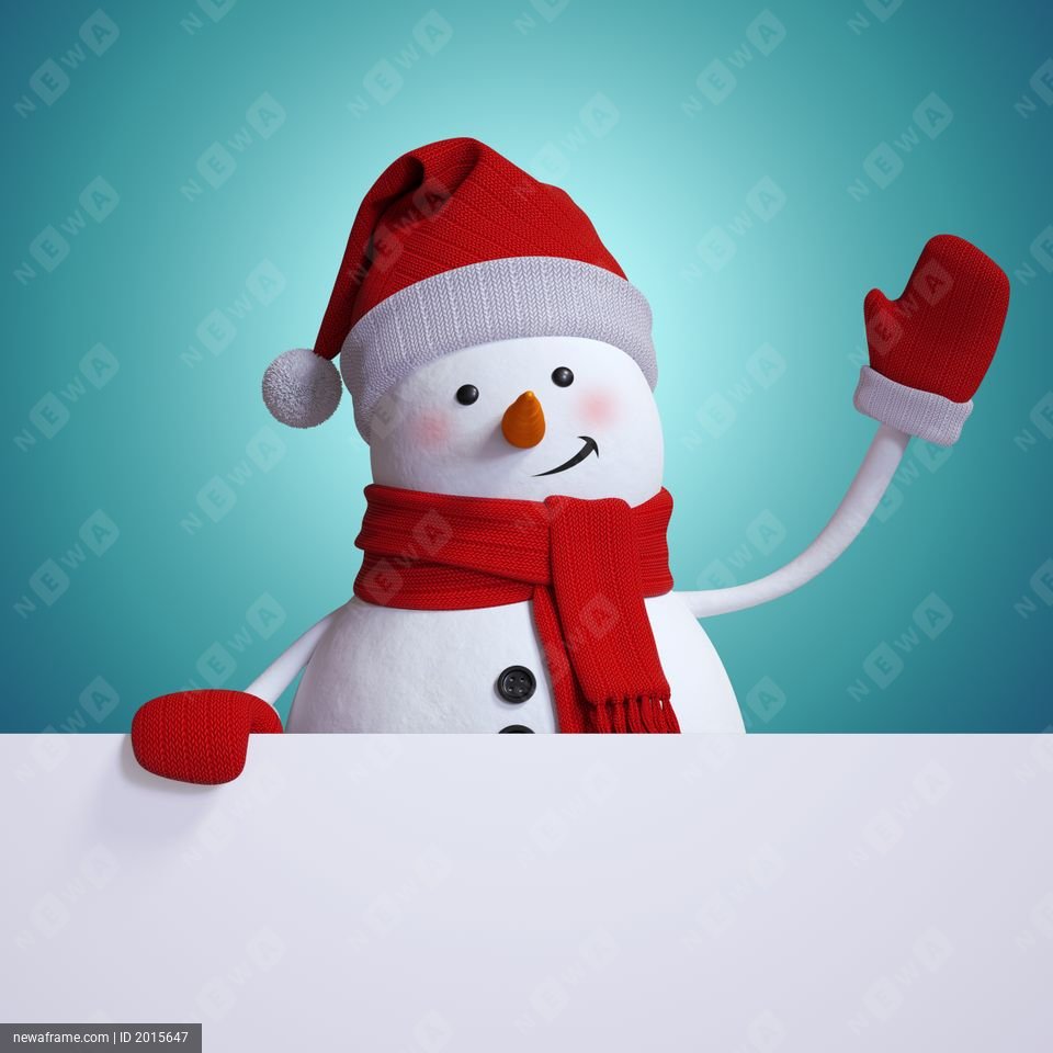 A cheerful 3D snowman waves with one hand while holding a blank sign with the other. It wears a red Santa hat, a red scarf, and red mittens against a teal background.