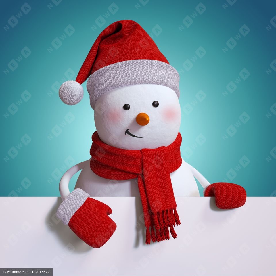A cheerful snowman peeks over a white sign, wearing a red Santa hat, scarf, and mittens against a teal background.