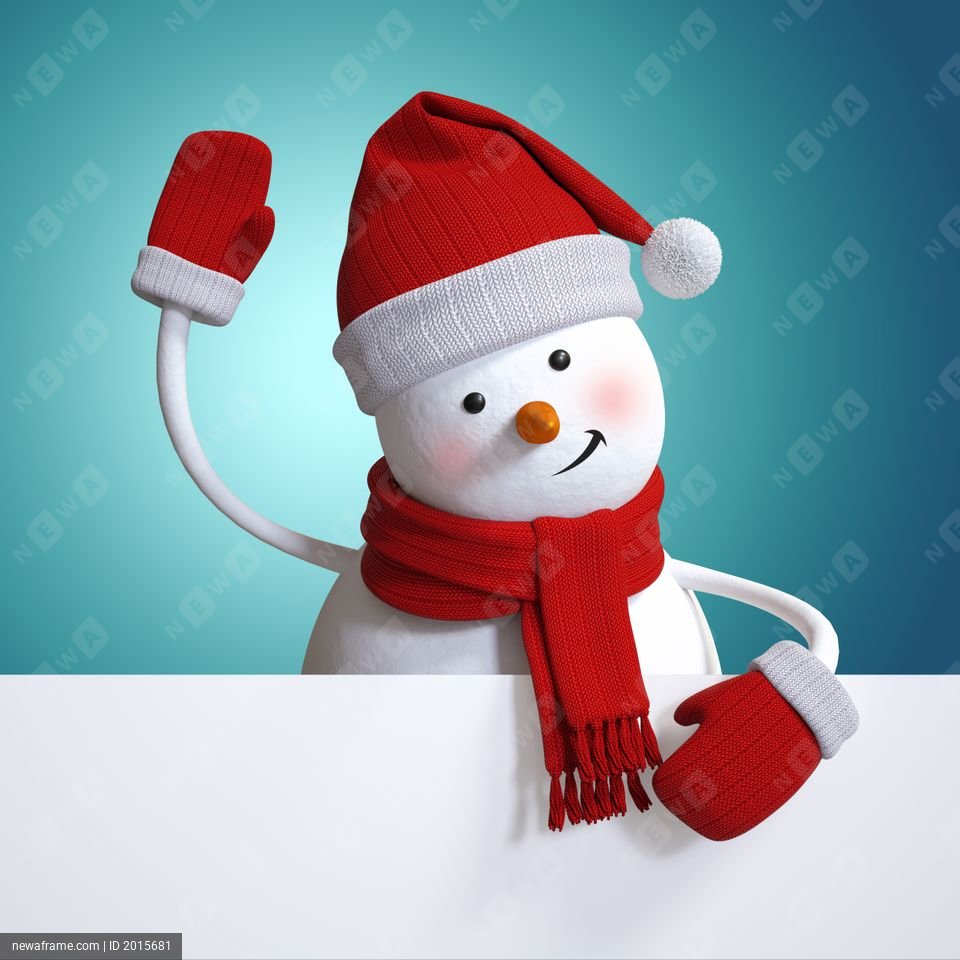A cheerful 3D snowman waves with one hand while holding a sign, wearing a red hat and scarf against a blue background.