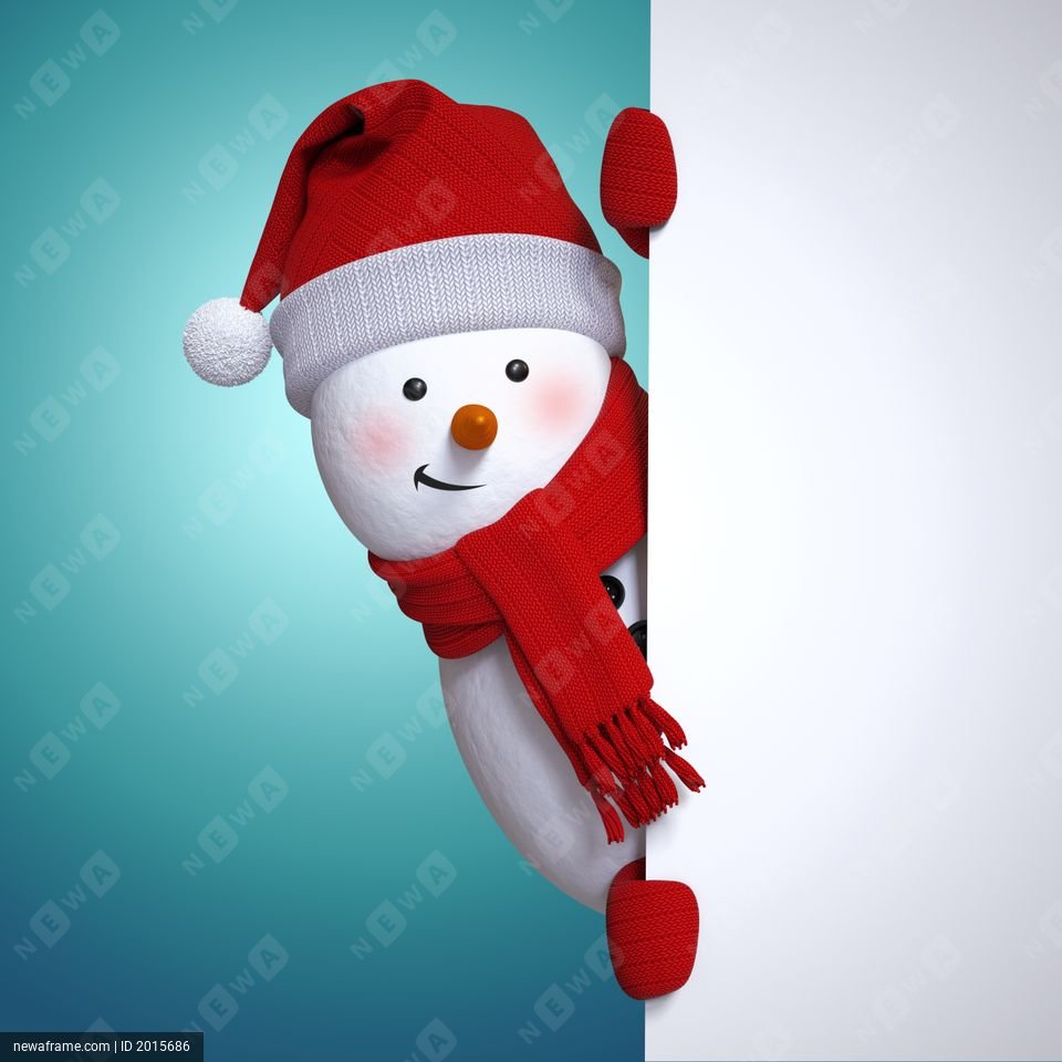 A cheerful snowman peeks from behind a white board, wearing a red hat and scarf against a blue background.