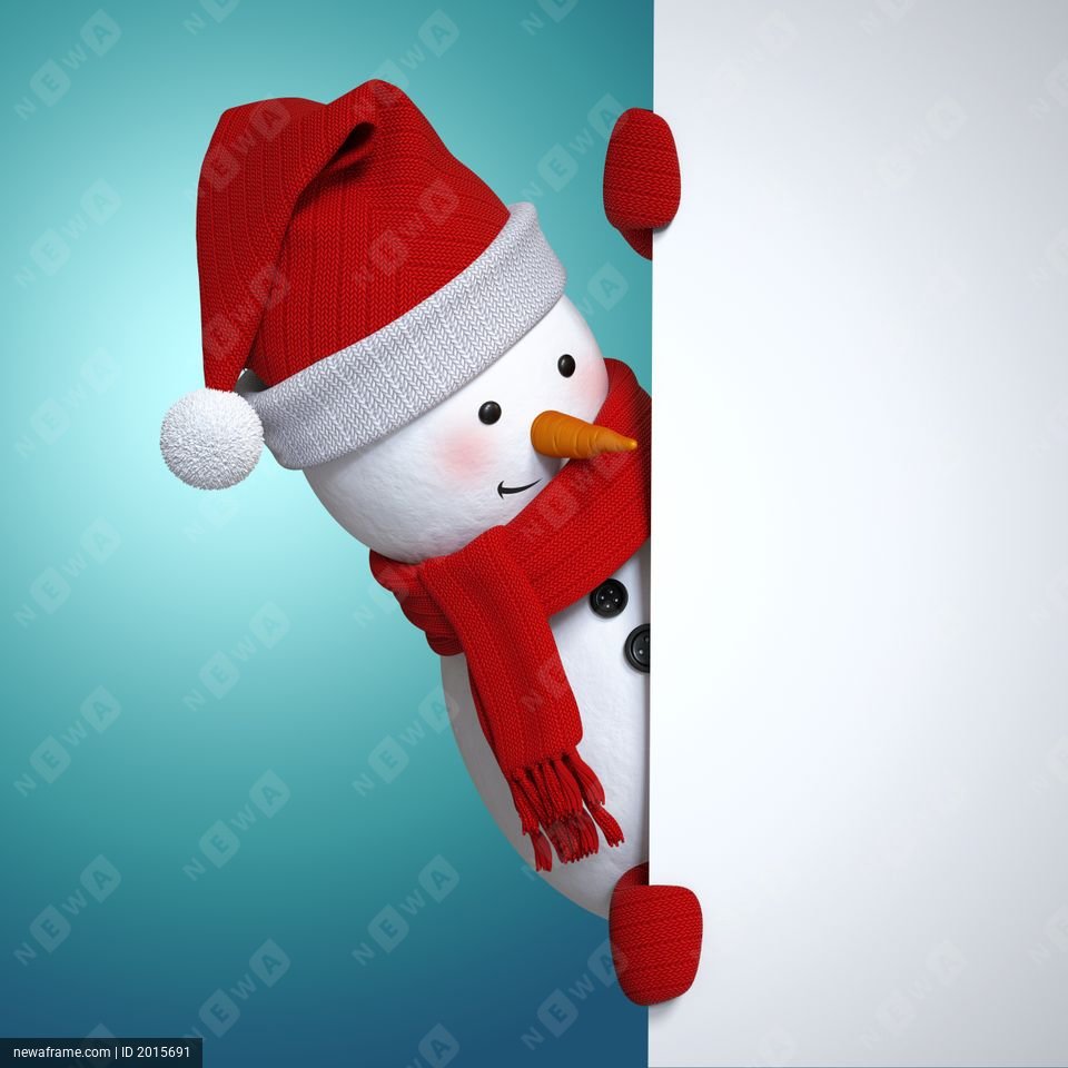 A cheerful snowman peeks from behind a white board, wearing a red Santa hat and scarf against a blue gradient background.