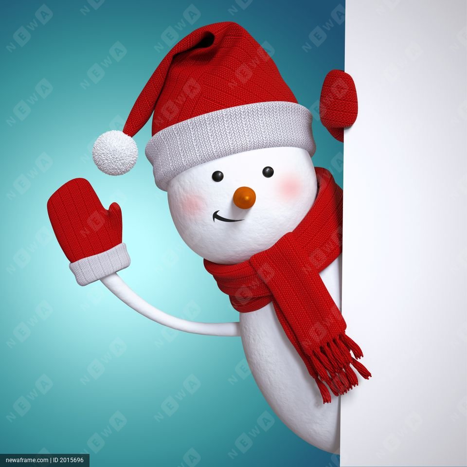 A cheerful snowman peeks from behind a white sign, waving with a red mitten.