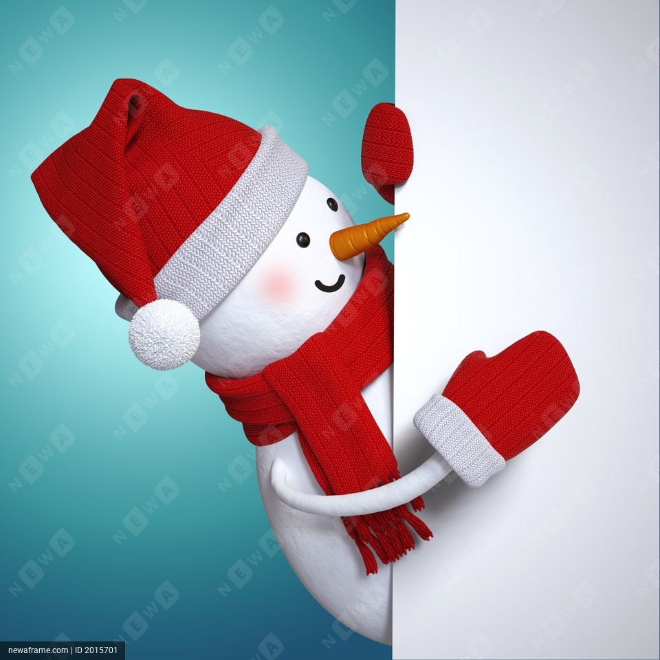 A cheerful snowman peeks from behind a white board, wearing a red hat, scarf, and mittens.