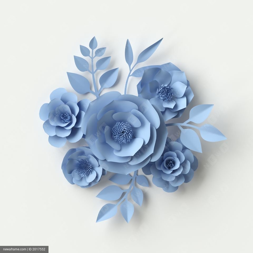 3d render, digital illustration, blue paper flowers isolated on white, floral bunch, bouquet, pastel color wallpaper, greeting card template, minimal background, space for text