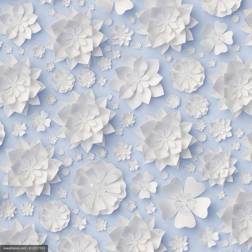 3d render, digital illustration, white paper flowers isolated on blue, floral pattern, fashion lace texture, pastel color wallpaper, minimal background