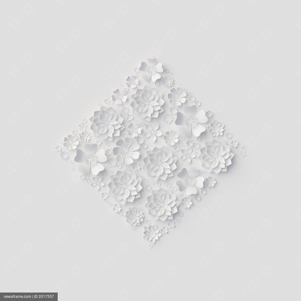 3d render, digital illustration, white floral background, decorative paper flowers, wedding wall decor, bridal ornament