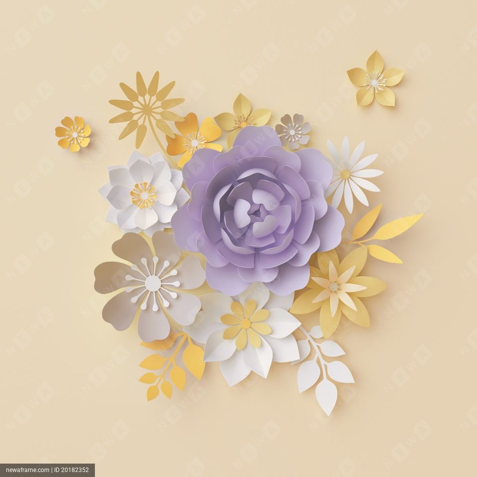 3d render, pastel paper flowers isolated on yellow, botanical background, beautiful bouquet, floral arrangement, fashion wallpaper, nursery wall decor, violet, purple, rose, peony, daisy, leaves