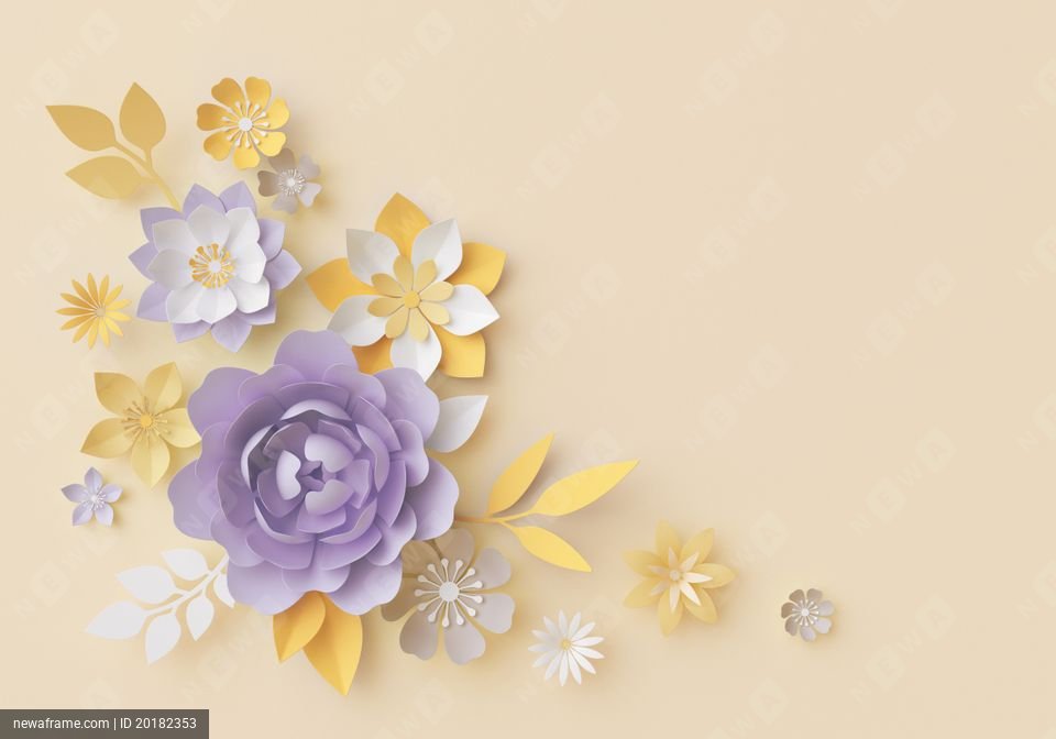 3d render, pastel paper flowers, botanical arrangement, floral clip art, bouquet isolated on yellow background, corner element, nursery wall decor, baby shower, peony, daisy, purple, rose, leaves