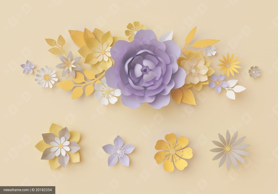 3d render, pastel paper flowers, botanical design elements, yellow background, isolated floral clip art set, nursery wall decor, violet, purple, rose, peony, daisy, leaves