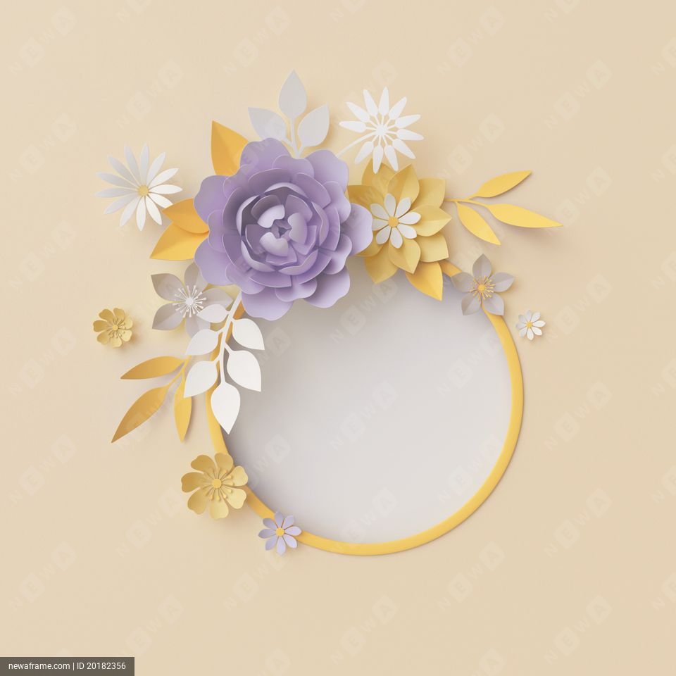3d render, botanical round frame, yellow background, pastel paper flowers, floral wreath, nursery wall decor, baby shower invitation, blank banner, violet, purple, rose, peony, daisy, leaves