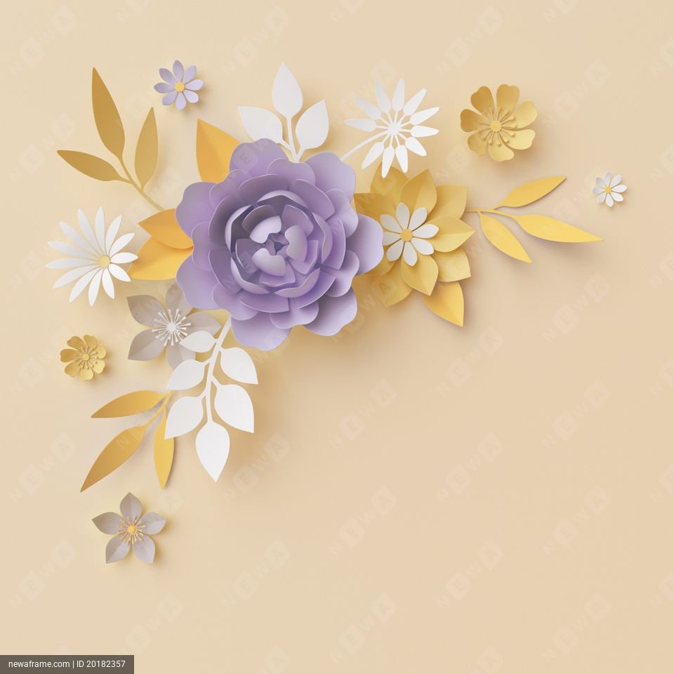 3d render, pastel paper flowers, botanical arrangement, floral clip art, bouquet isolated on yellow background, corner element, nursery wall decor, baby shower, peony, daisy, violet rose, leaves