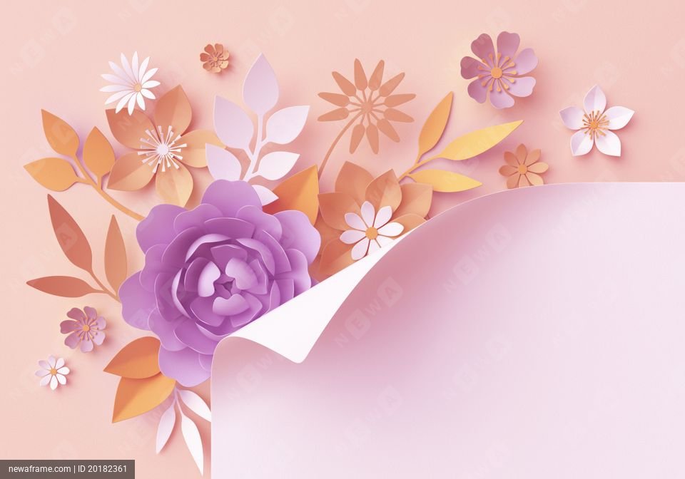 3d render, pastel paper flowers, botanical yellow background, page corner curl, fashion, beautiful bouquet, floral arrangement, baby shower invitation, violet, purple, rose, peony, daisy, leaves