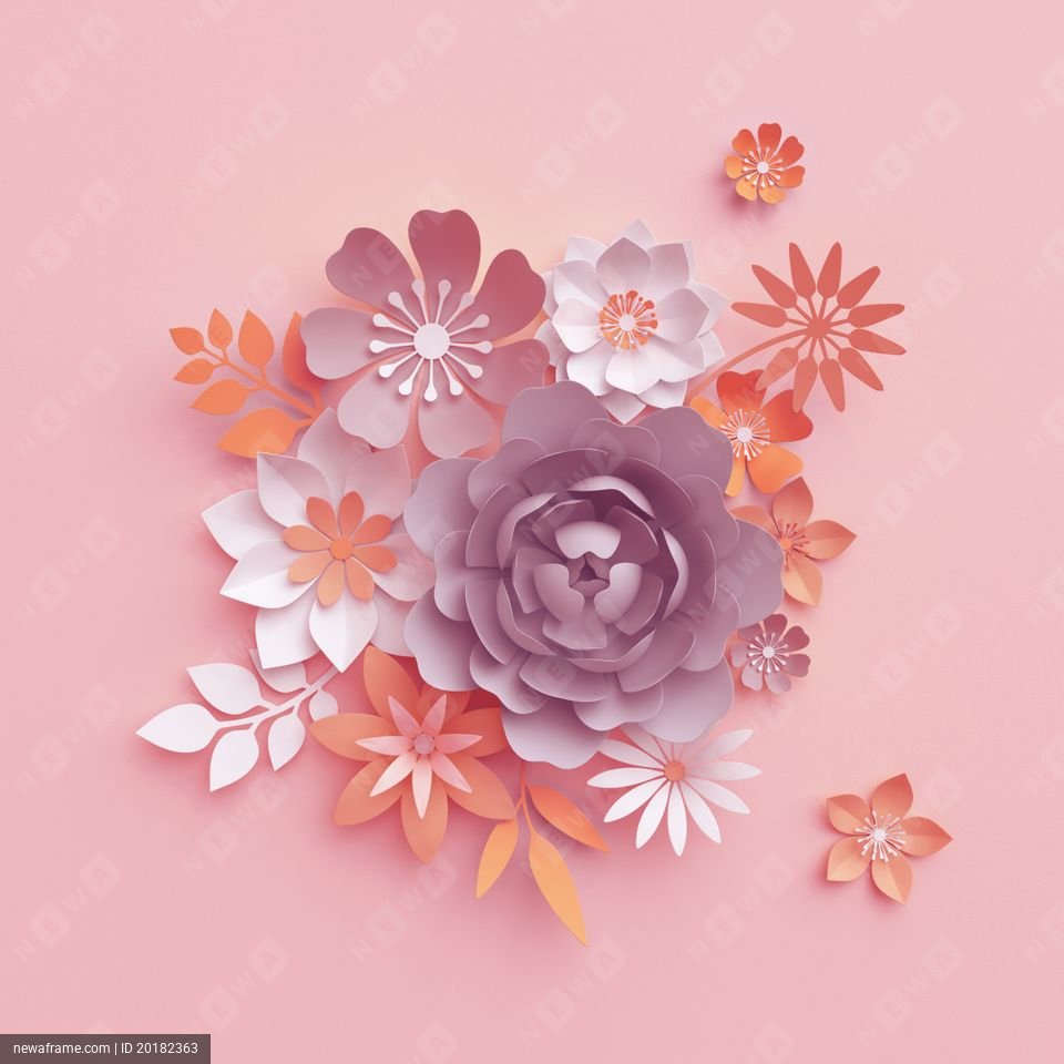 3d render, fall paper flowers isolated on pink, pastel botanical background, beautiful bouquet, floral arrangement, fashion wallpaper, nursery wall decor, rose, peony, daisy, leaves
