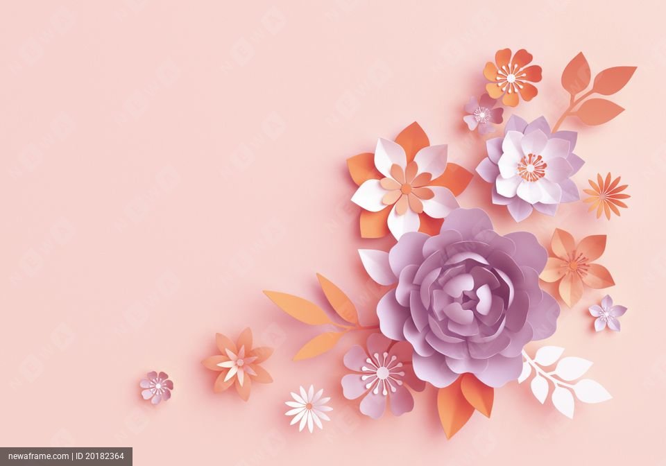 3d render, fall paper flowers, autumn botanical arrangement, floral clip art, bouquet isolated on pastel pink background, corner element, nursery wall decor, baby shower, peony, daisy, rose, leaves