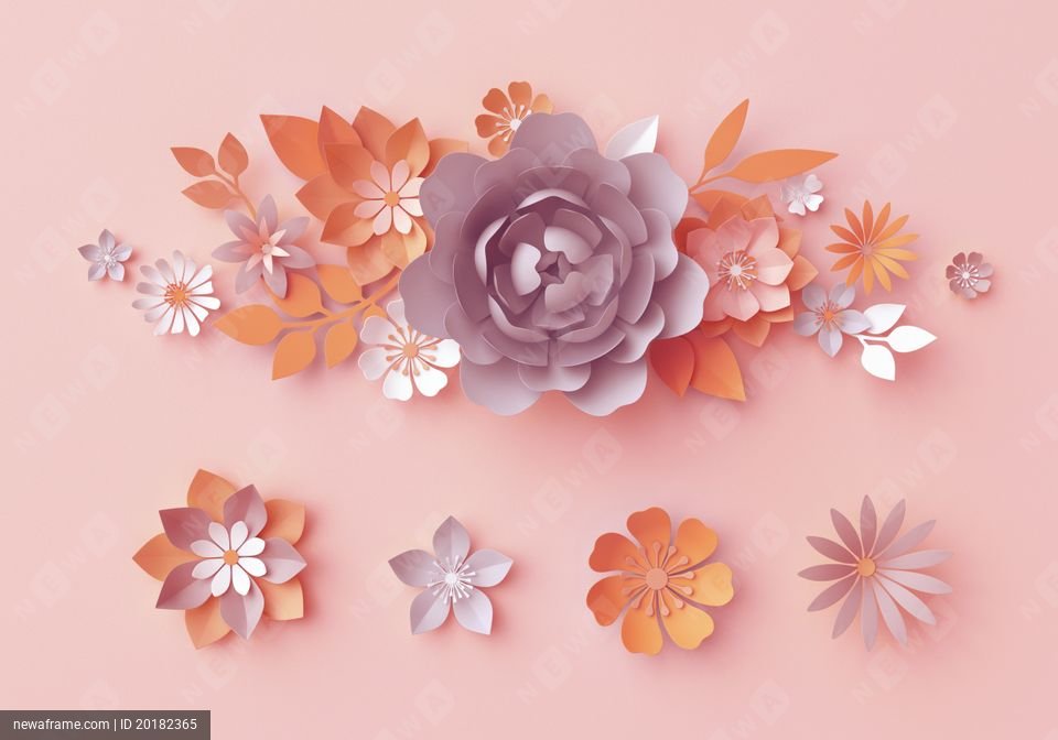 3d render, fall paper flowers, botanical design elements, autumn floral clip art set isolated on pastel pink background, nursery wall decor, rose, peony, daisy, leaves
