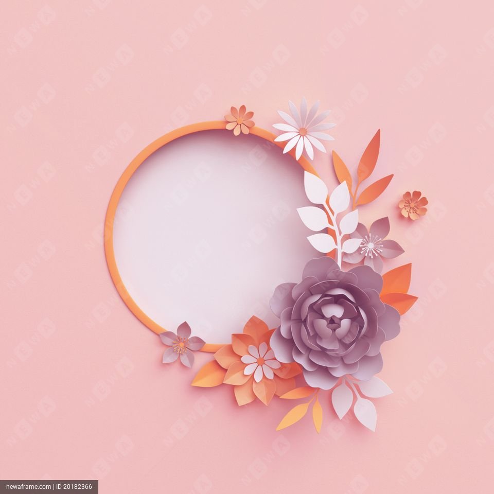 3d render, fall paper flowers, botanical round frame, pastel pink background, autumn floral wreath, nursery wall decor, baby shower invitation, blank banner, rose, peony, daisy, leaves