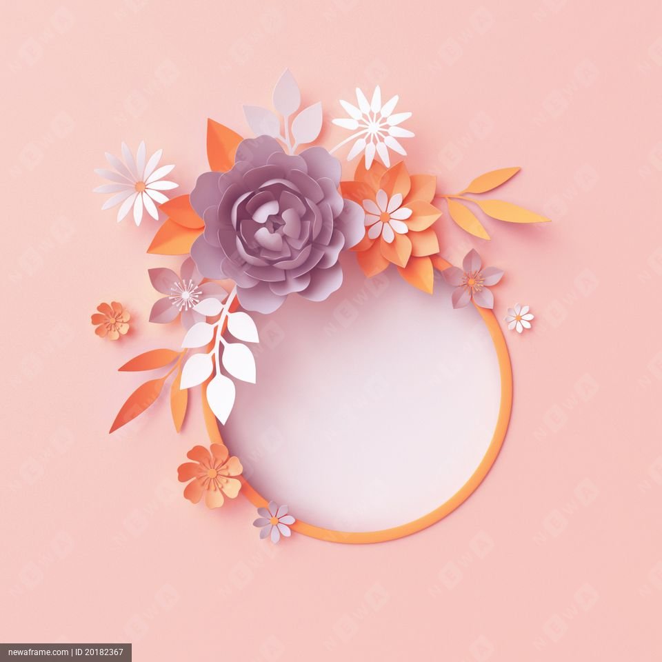3d render, fall paper flowers, botanical round frame, pastel pink background, autumn floral wreath, nursery wall decor, baby shower invitation, blank banner, rose, peony, daisy, leaves