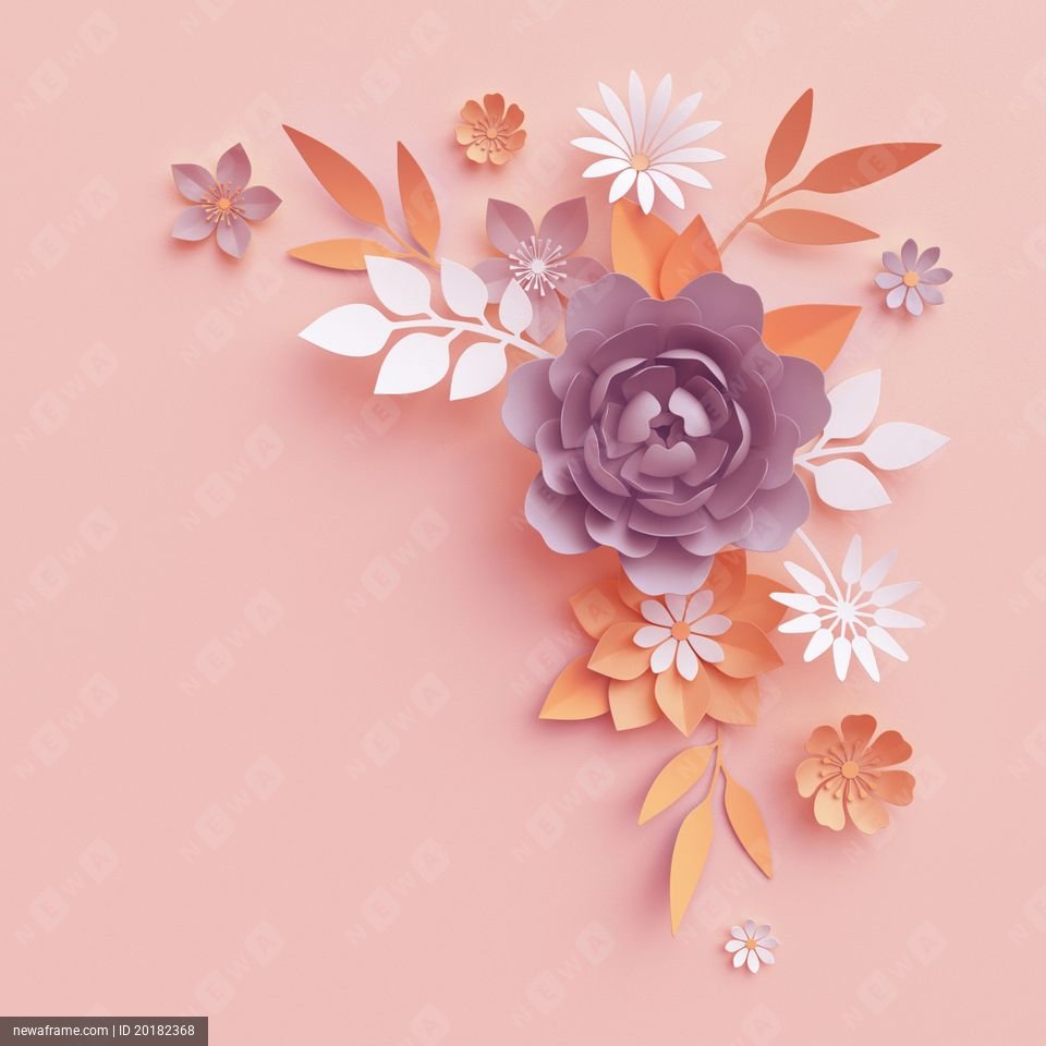 3d render, fall paper flowers, botanical arrangement, thanksgiving floral clip art, bouquet isolated on blush pink background, corner element, nursery wall decor, baby shower, peony, daisy, rose, leaves