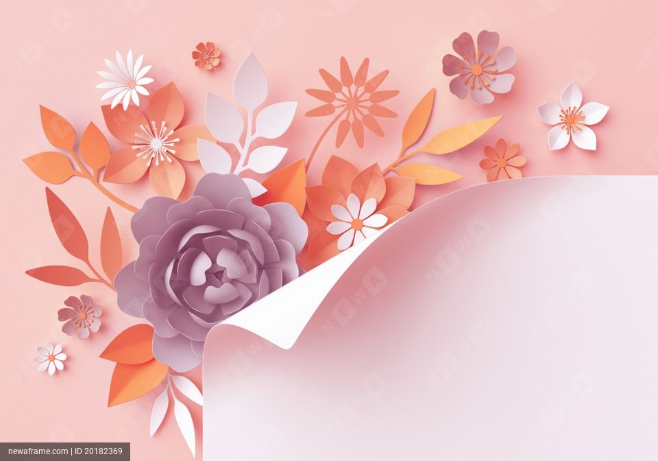 3d render, fall paper flowers, botanical background, page corner curl, fashion, beautiful bouquet, floral arrangement, baby shower invitation, blush pink, rose, peony, daisy, leaves