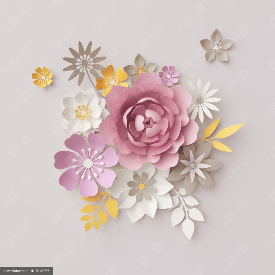 3d render, pastel paper flowers isolated on gray, botanical background, beautiful bouquet, floral arrangement, fashion wallpaper, nursery wall decor, pink rose, peony, daisy, yellow leaves