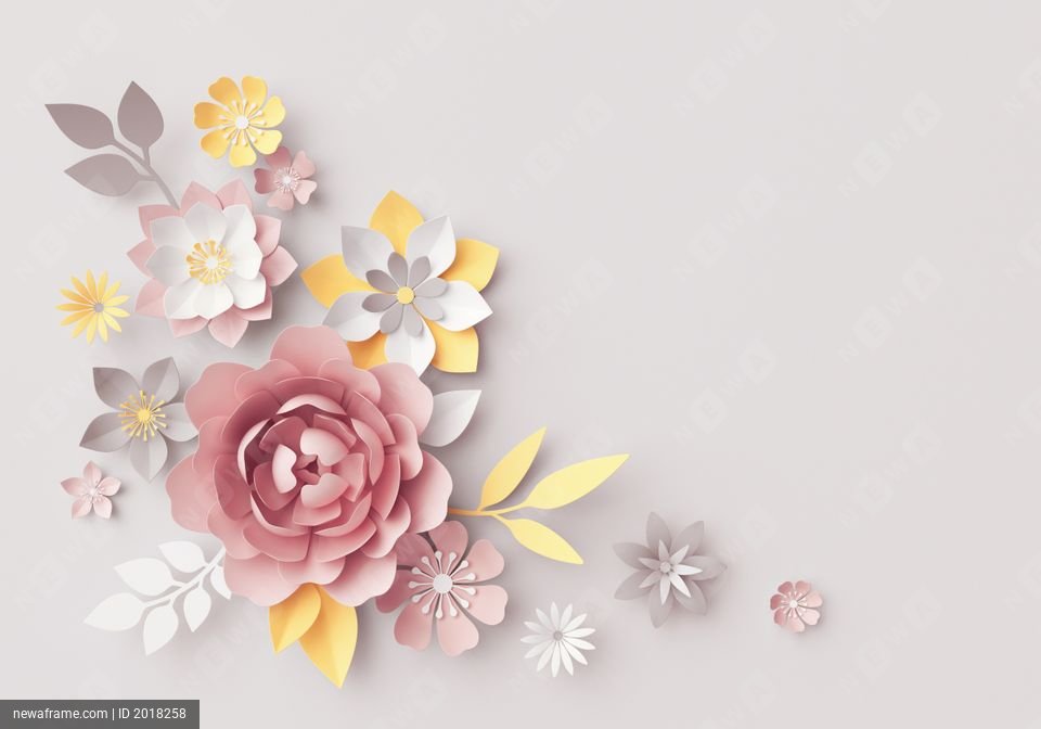 3d render, pastel paper flowers, botanical arrangement, floral clip art, bouquet isolated on gray background, corner element, nursery wall decor, baby shower, peony, daisy, pink rose, yellow leaves