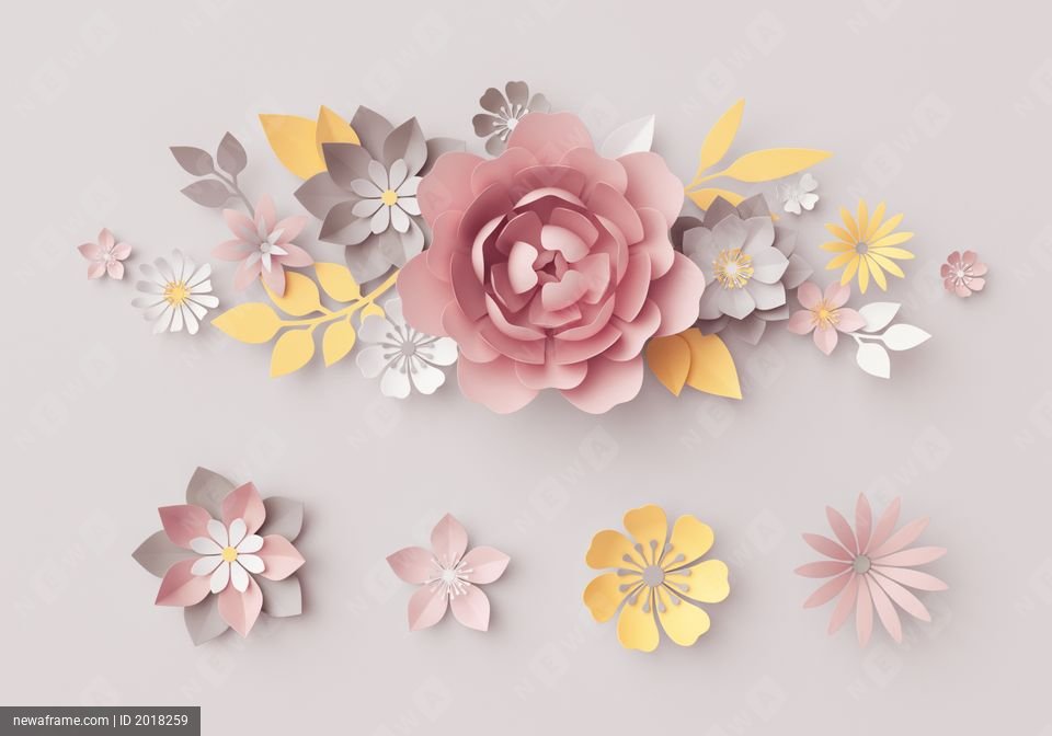 3d render, pastel paper flowers, botanical design elements, gray background, isolated floral clip art set, nursery wall decor, pink rose, peony, daisy, yellow leaves
