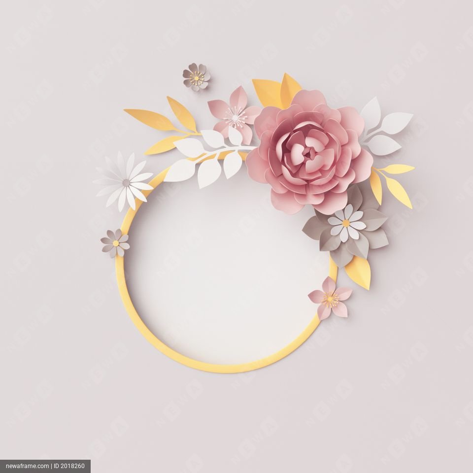 3d render, botanical round frame, gray background, pastel paper flowers, floral wreath, nursery wall decor, baby shower invitation template, blank banner, copy space, pink rose, peony, daisy, leaves