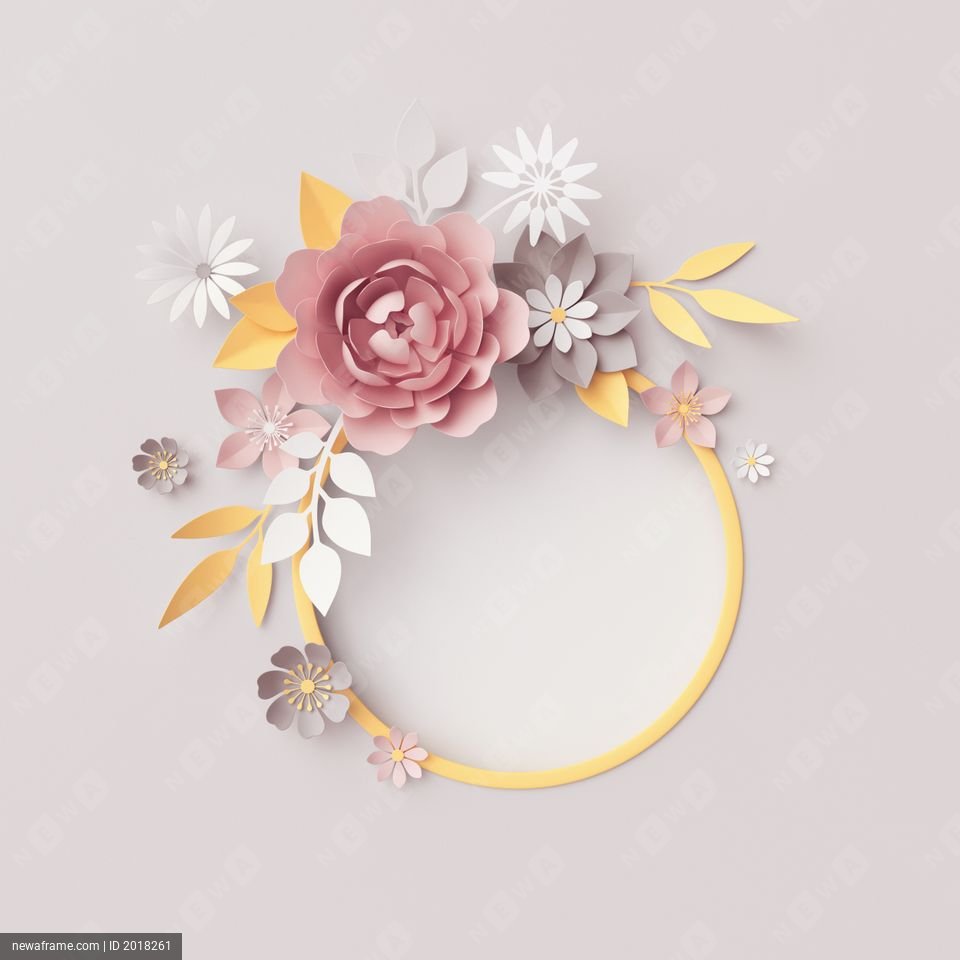 3d render, pastel paper flowers, botanical round frame, gray background, pink rose, peony, daisy, leaves, floral wreath, nursery wall decor, baby shower invitation template, blank banner, copy space