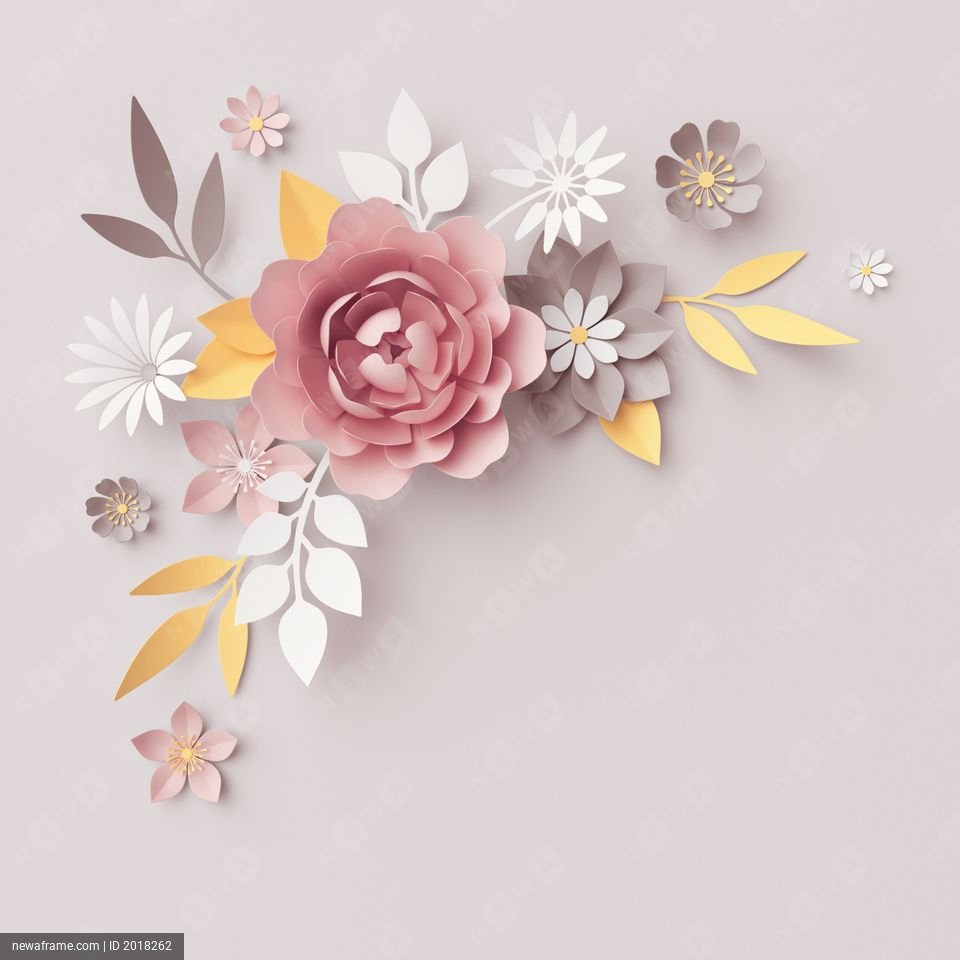 3d render, pastel paper flowers, botanical design, floral bouquet isolated on gray background, corner element, clip art, nursery wall decor, baby shower, pink rose, peony, daisy, yellow leaves