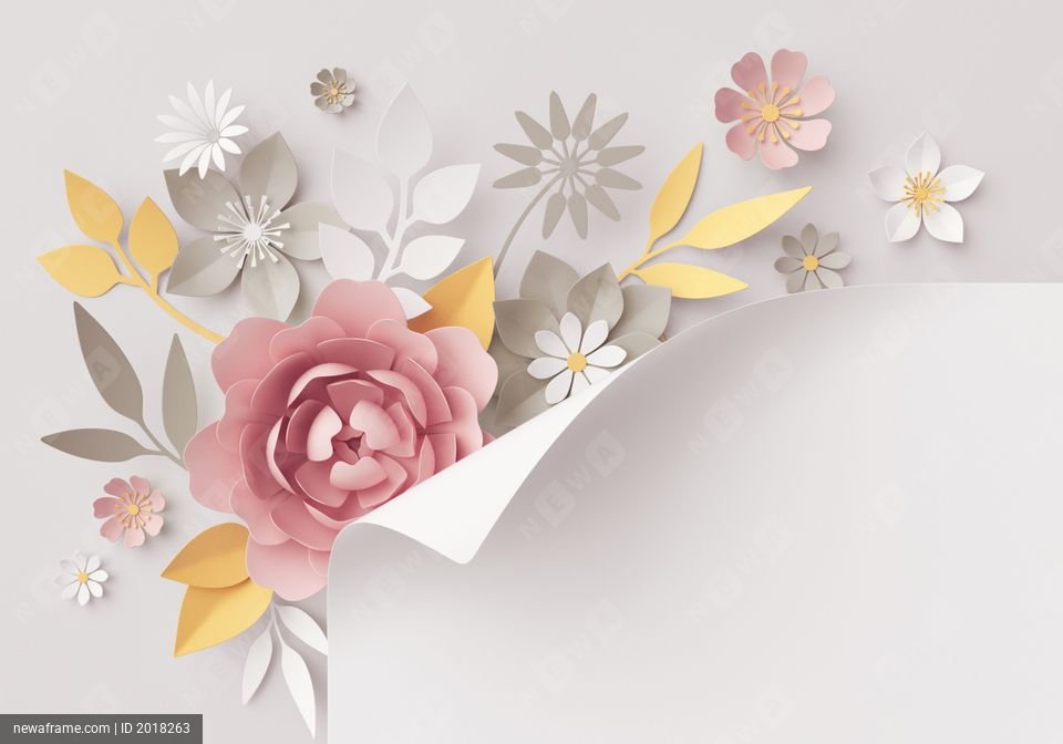 3d render, pastel paper flowers, botanical background, corner element, page curl, fashion, beautiful bouquet, floral arrangement, baby shower invitation, pink rose, peony, daisy, yellow leaves