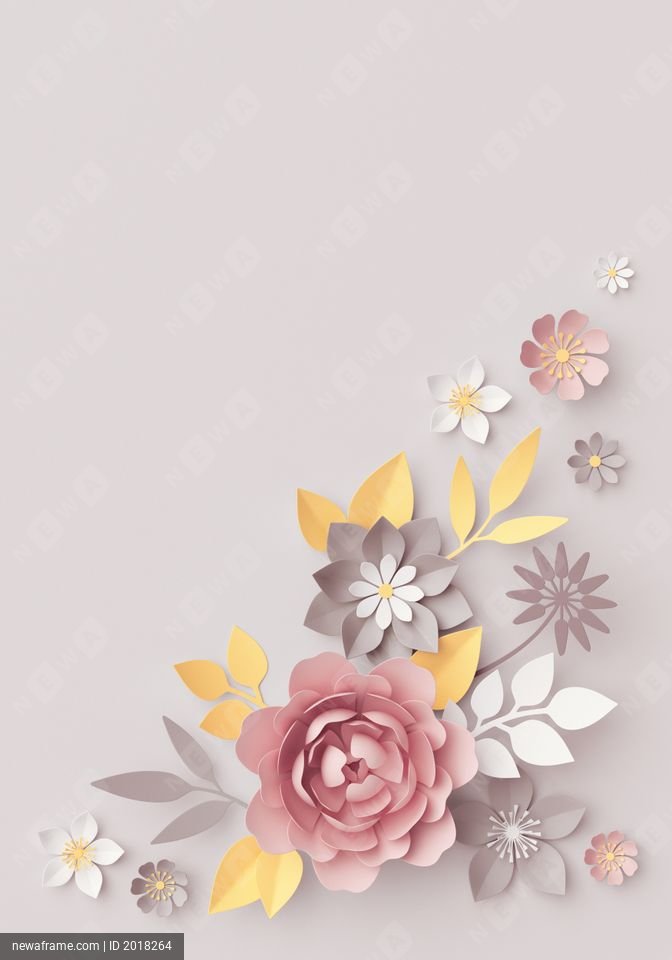 3d render, pastel paper flowers, botanical arrangement, floral clip art, bouquet isolated on gray background, corner element, nursery wall decor, baby shower, pink rose, peony, daisy, yellow leaves