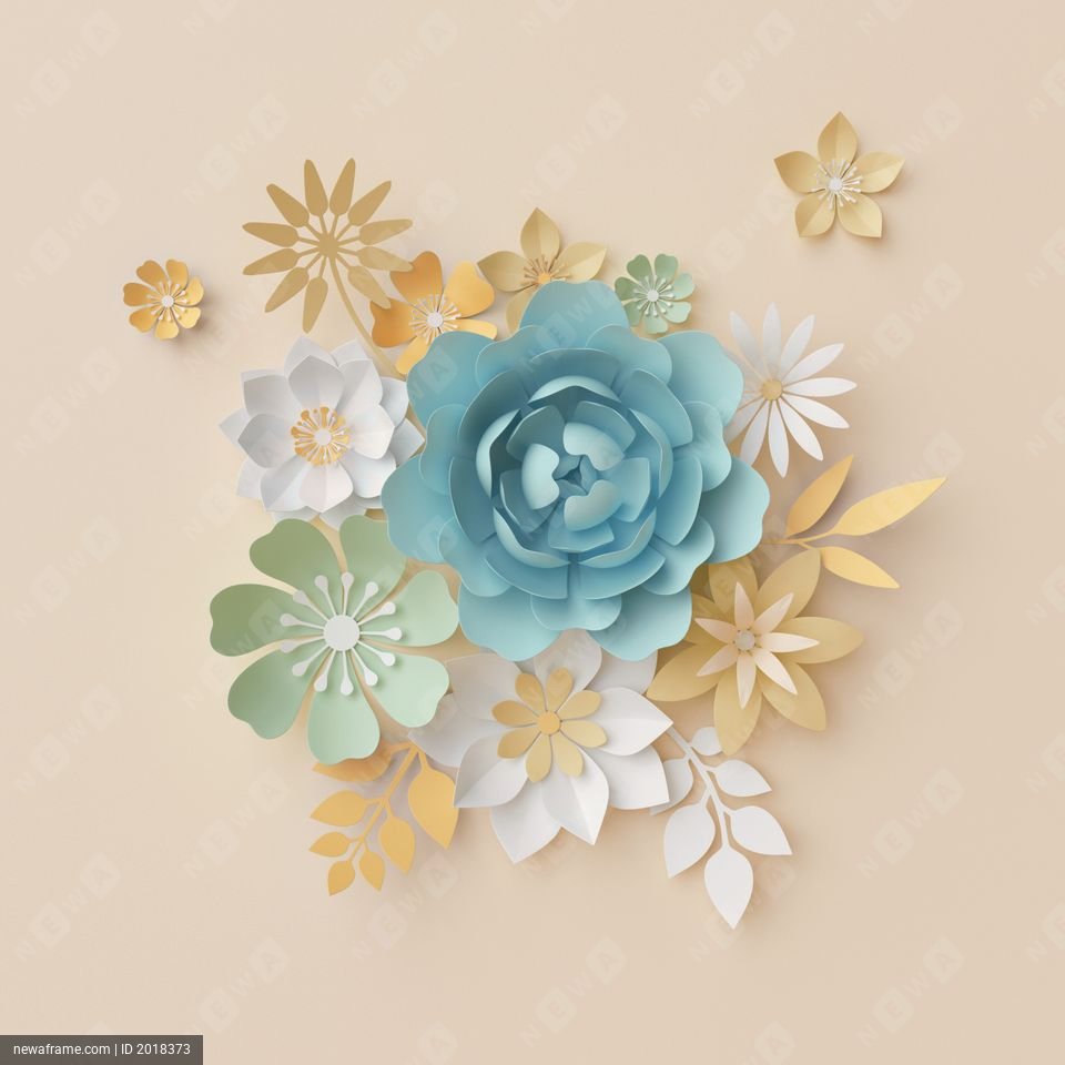 3d render, pastel paper flowers, botanical background, beautiful bouquet, floral arrangement, nursery wall decor, blue rose, peony, daisy, leaves