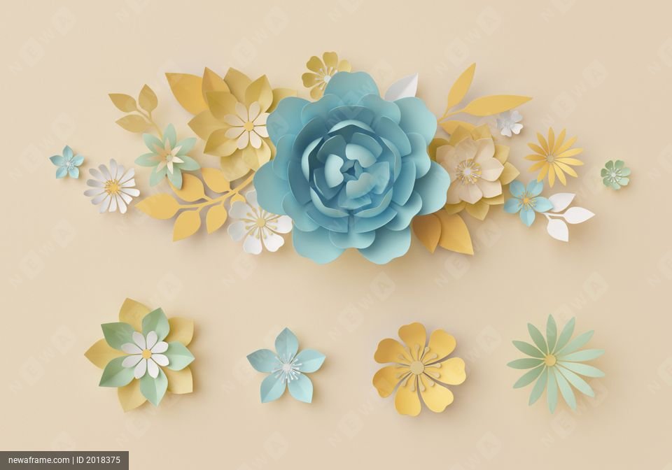 3d render, pastel paper craft flowers, botanical design elements, isolated floral clip art, nursery wall decor, baby blue, rose, peony, daisy, leaves
