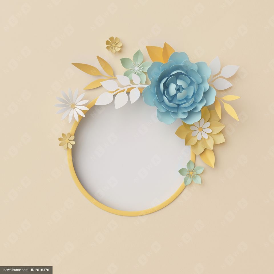 3d render, botanical background, pastel paper craft flowers, floral wreath, nursery wall decor, baby blue, round frame, blank banner, copy space, rose, peony, daisy, leaves