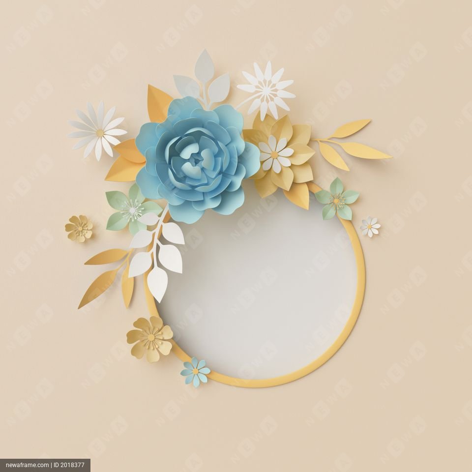3d render, botanical background, pastel paper craft flowers, floral wreath, nursery wall decor, baby blue, round frame, blank banner, copy space, rose, peony, daisy, leaves