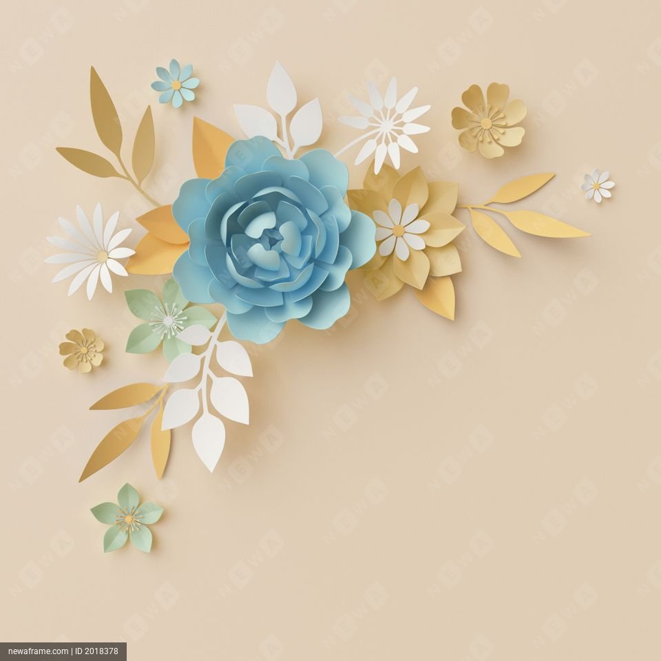3d render, pastel paper flowers, botanical design, corner element, beautiful bouquet, isolated floral clip art, nursery wall decor, baby blue, rose, peony, daisy, leaves