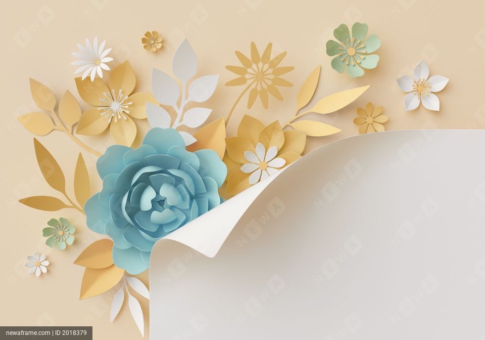 3d render, pastel paper flowers, botanical background, corner element, page curl, beautiful bouquet, floral arrangement, baby shower invitation, blue rose, peony, daisy, leaves