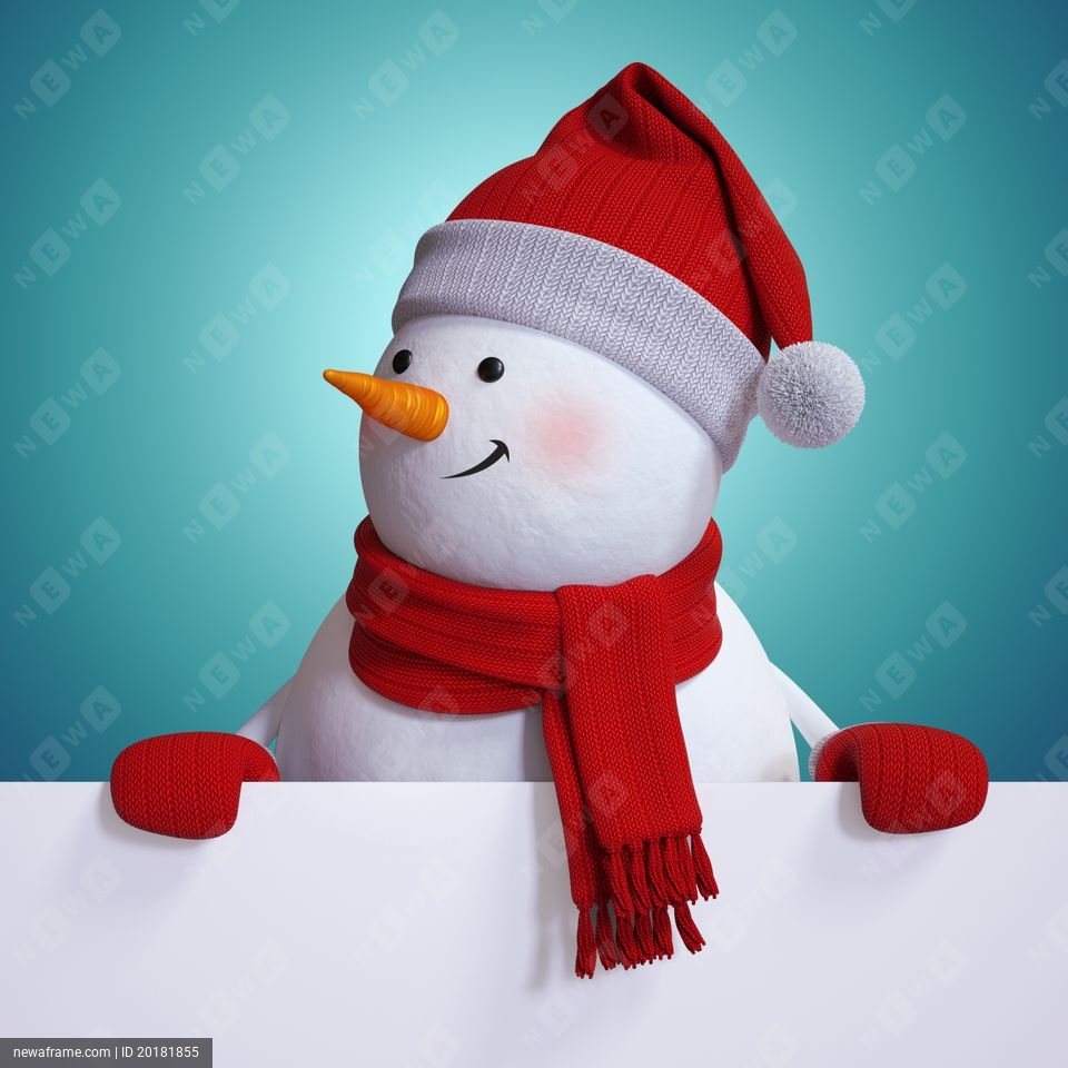 snowman holding blank Christmas card, blue holiday background, new year banner, 3d illustration