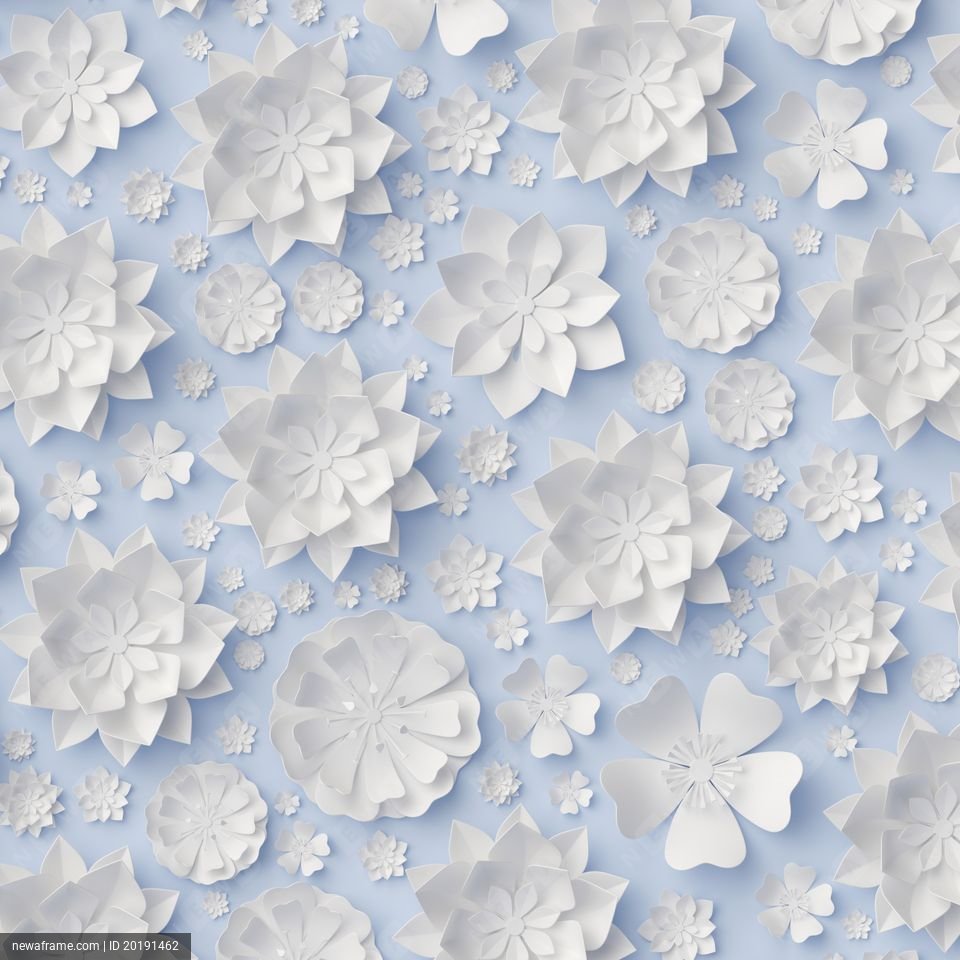 3d render, digital illustration, white paper flowers isolated on blue, floral pattern, fashion lace texture, pastel color wallpaper, minimal background