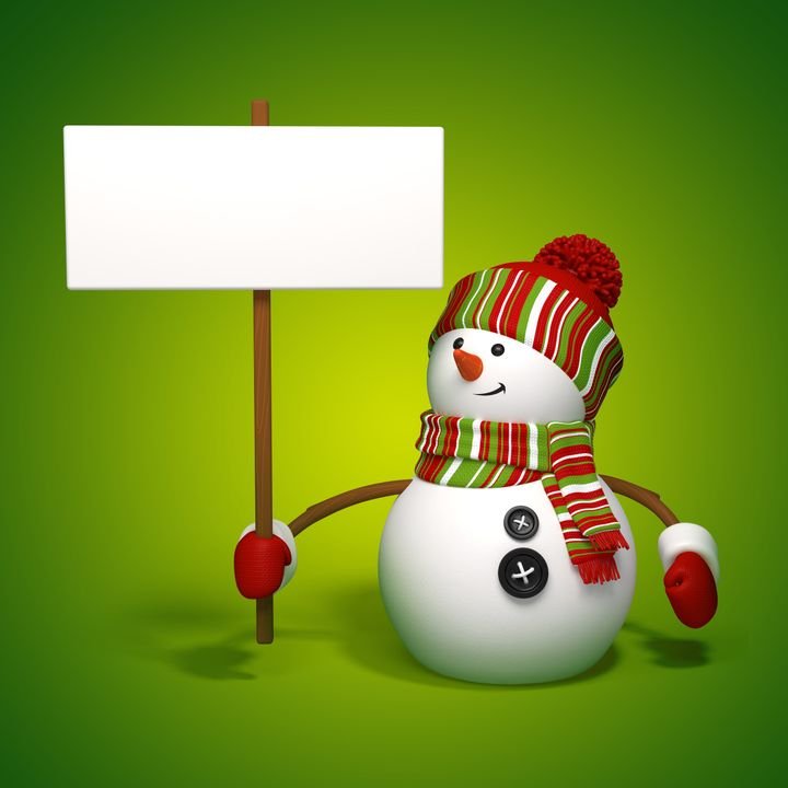 A cheerful snowman holds a blank sign against a green background.