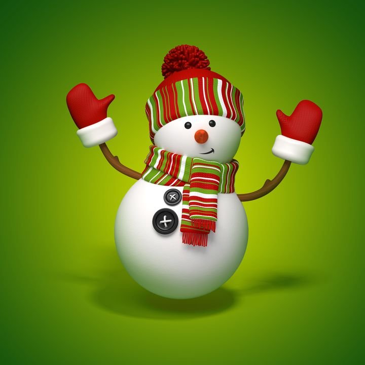 A cheerful snowman stands with raised arms, wearing a striped hat, scarf, and red mittens against a green background.
