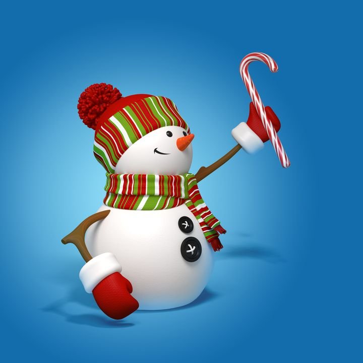A cheerful snowman holds a candy cane against a blue background.